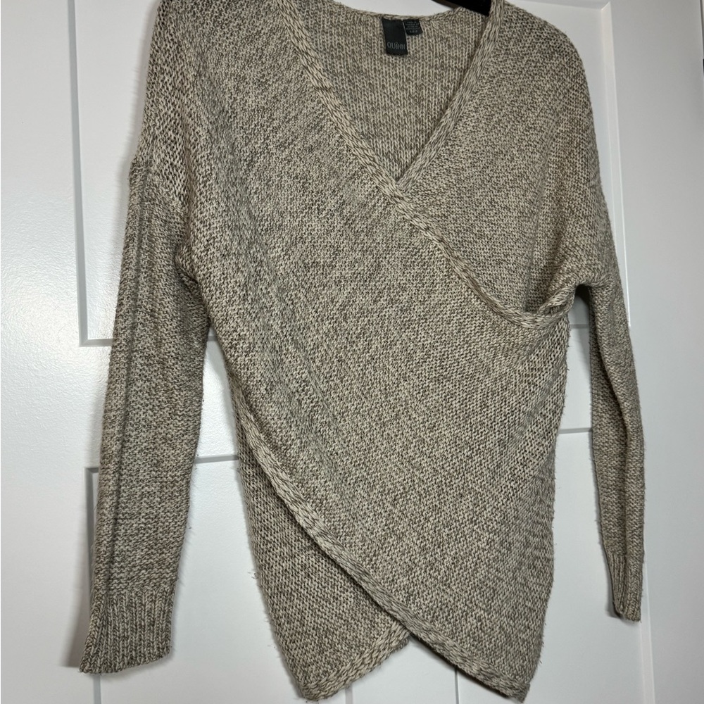 Quinn V-Neck Wrap Cross Over Knit Sweater Pullover Gray S/P